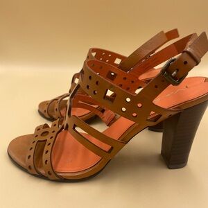 Via Spiga Leather Heeled Sandals – Brown Laser Cut – Size 6